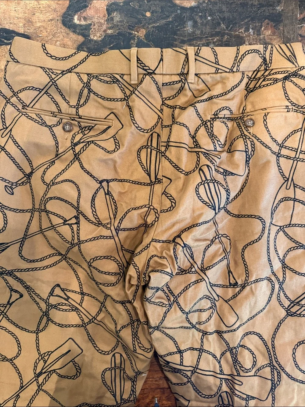 J. Crew Tan Chinos with Navy Rope & Oar chainstitch (not a print)
